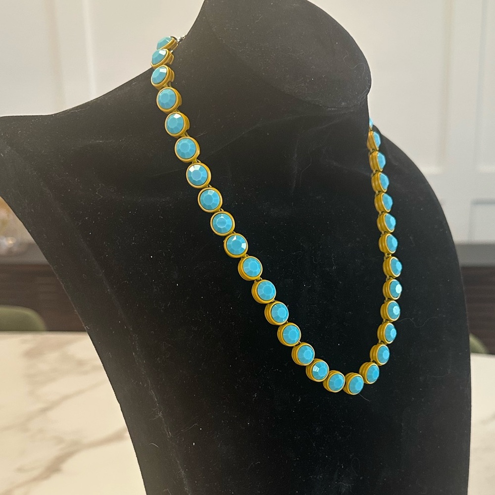 TOVA - Opaque Turquoise Crystal & Mustard Yellow Coated Enamel Necklace - Picture 2 of 15